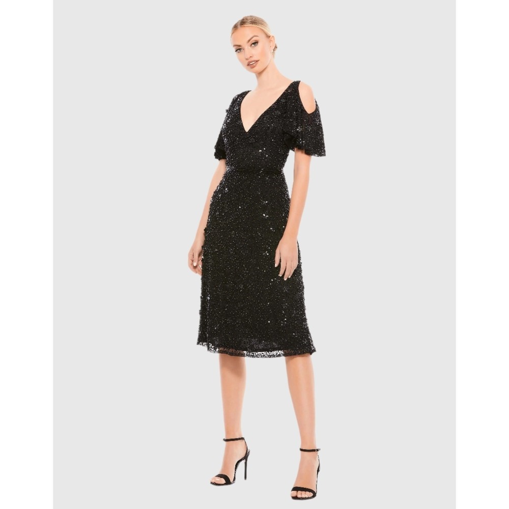 Mac Duggal 4988 Black Bead Embellished Drop Shoulder V-Neck Midi Dress Size 8